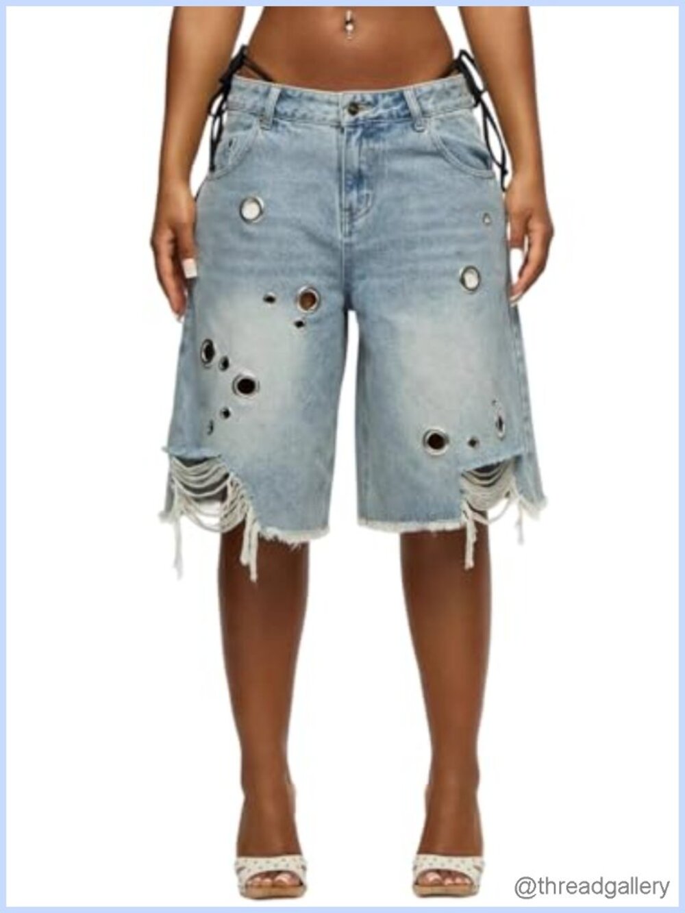 High Waisted Ripped Camo Cargo Bermuda Jorts Denim Jean Shorts